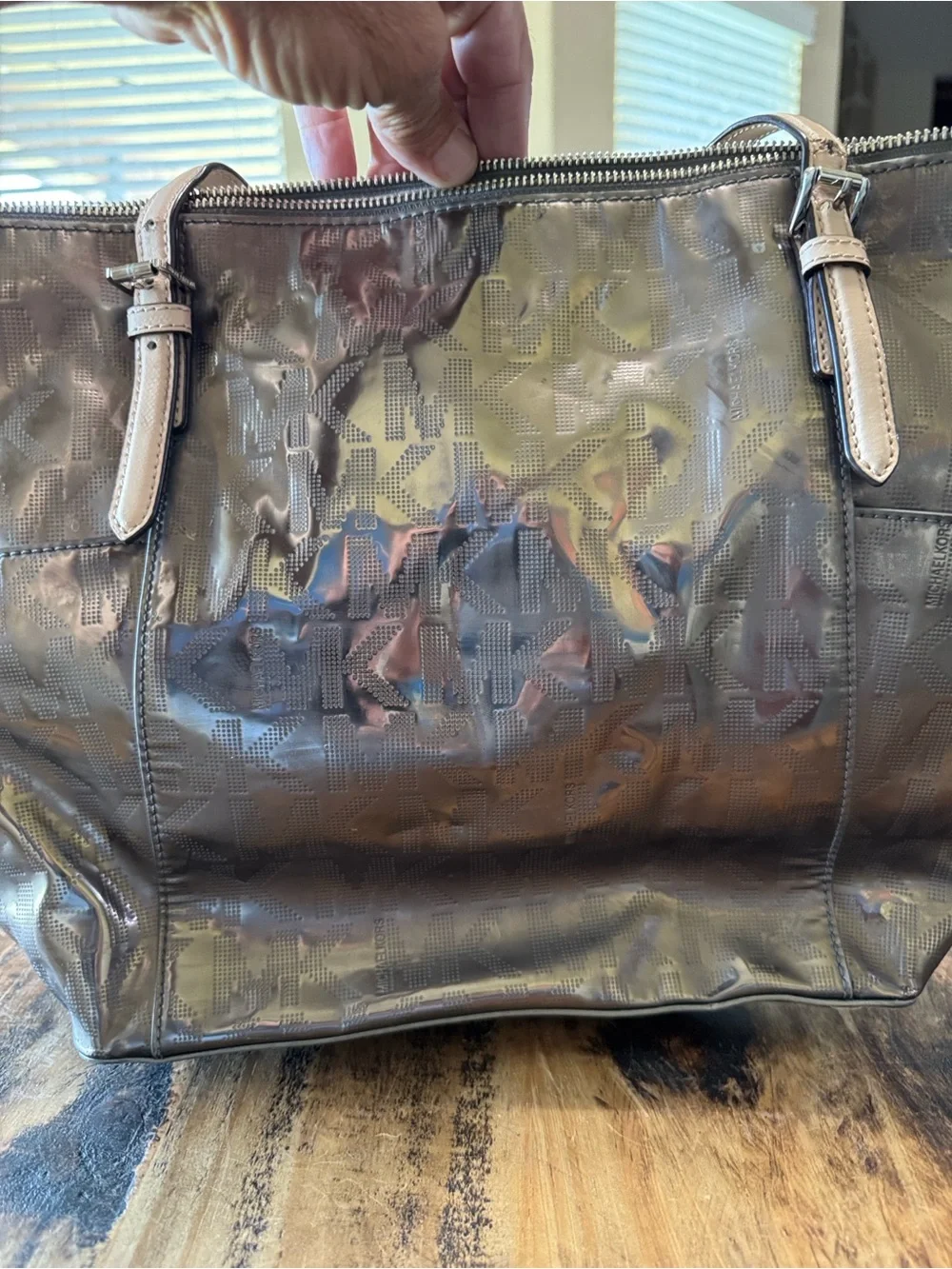 Michael Kors Metallic Gunmetal Tote with Light Tan Straps